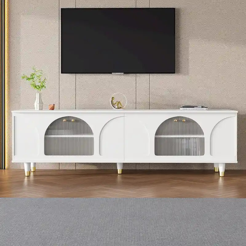 Media Console with Arched Fluted Glass Doors & Gold Accent Legs