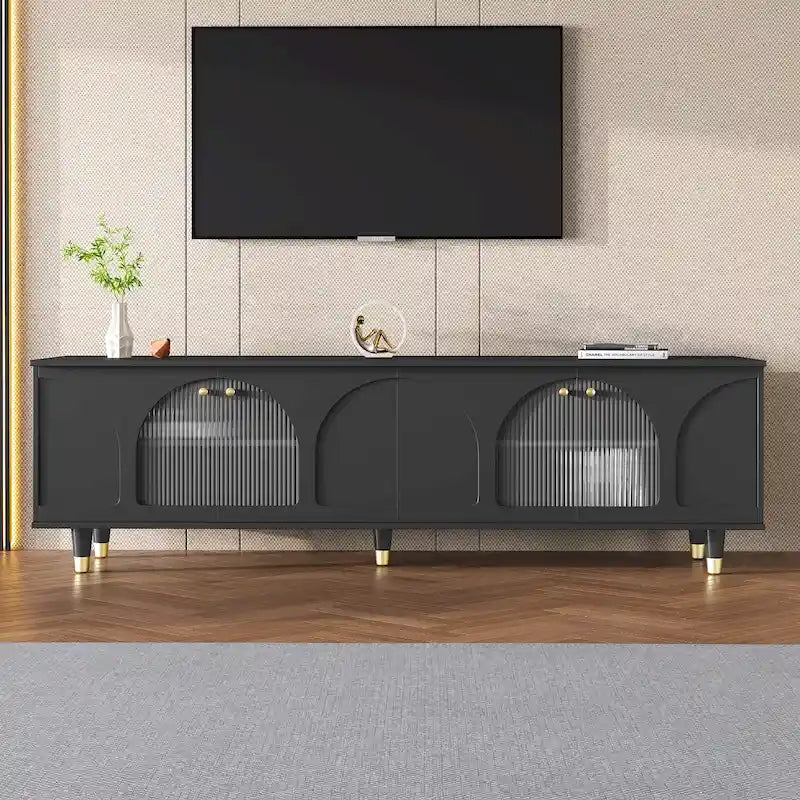 Media Console with Arched Fluted Glass Doors & Gold Accent Legs