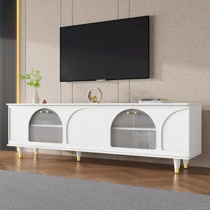 Media Console with Arched Fluted Glass Doors & Gold Accent Legs